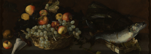 Forte, apples and grapes in a basket with fish on a stone ledge
