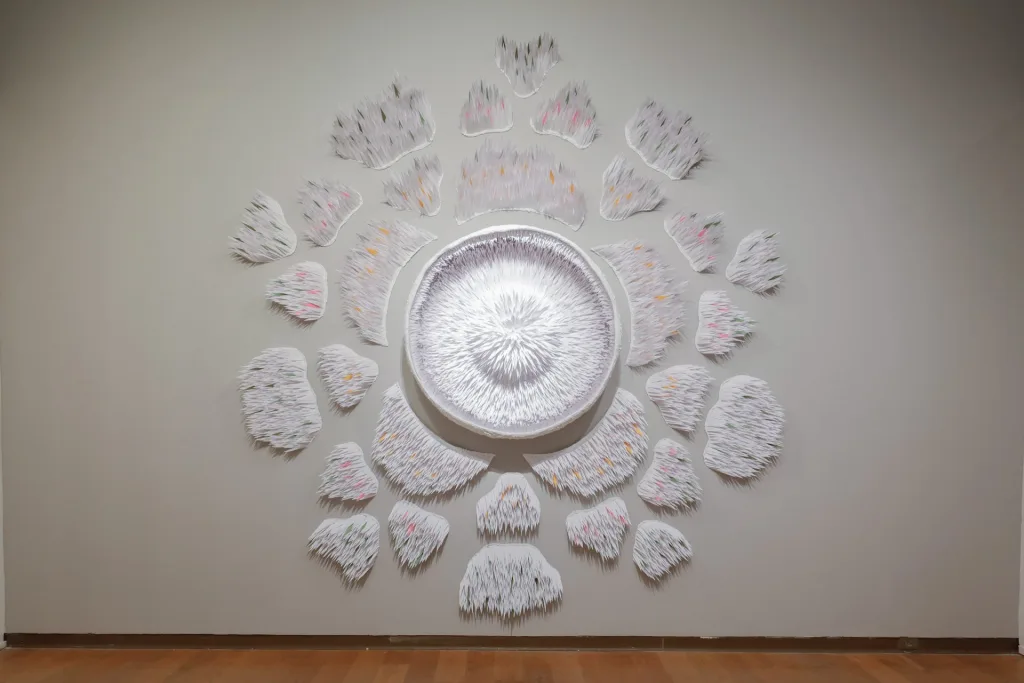 Kelly Joy Ladd, Divine Love, 2025, Acid-free, lignin-free cardstock paper, mixed media, 204 x 114 in.