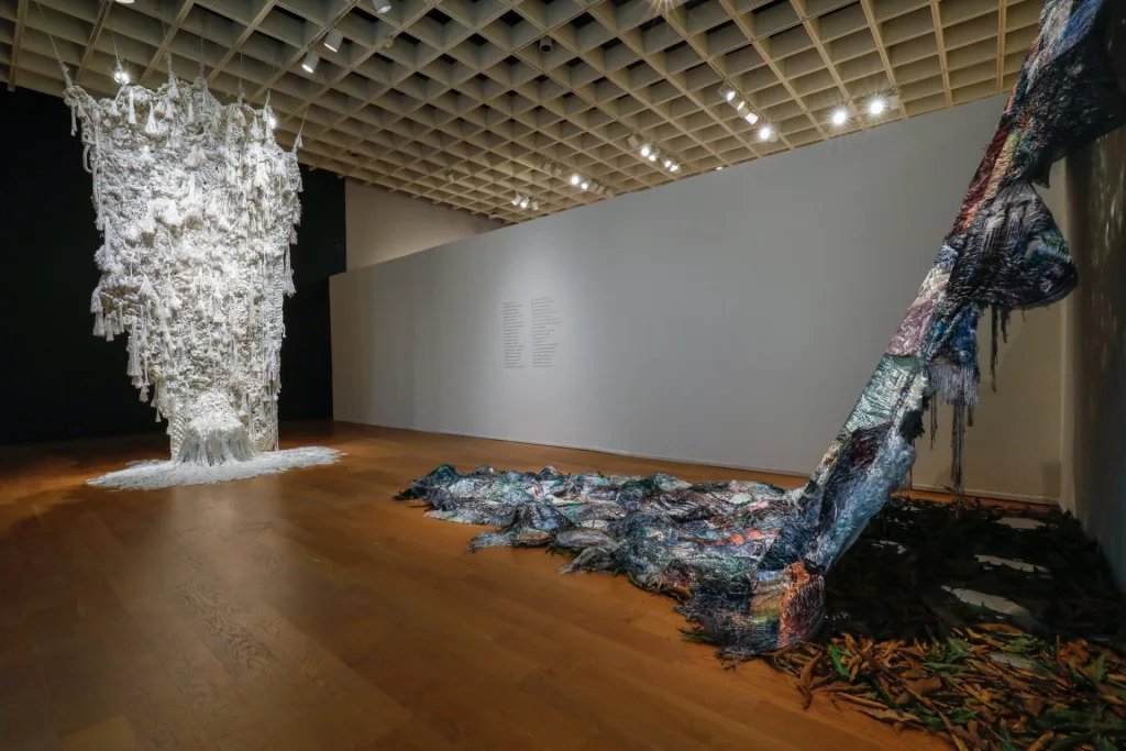 Lisu Vega, Installation view of The tree of my memories The House of Her Memories series (LEFT) and La Raíz que te abraza, The House of Her Memories series (RIGHT) from the Florida Prize in Contemporary Art, 2025