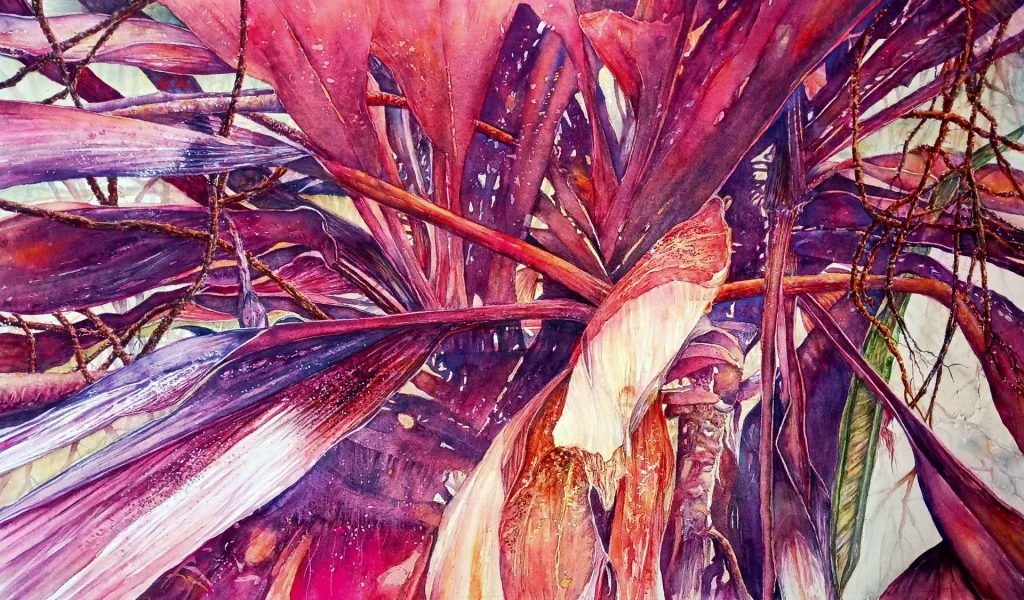 A watercolor painting of purple and red flowers