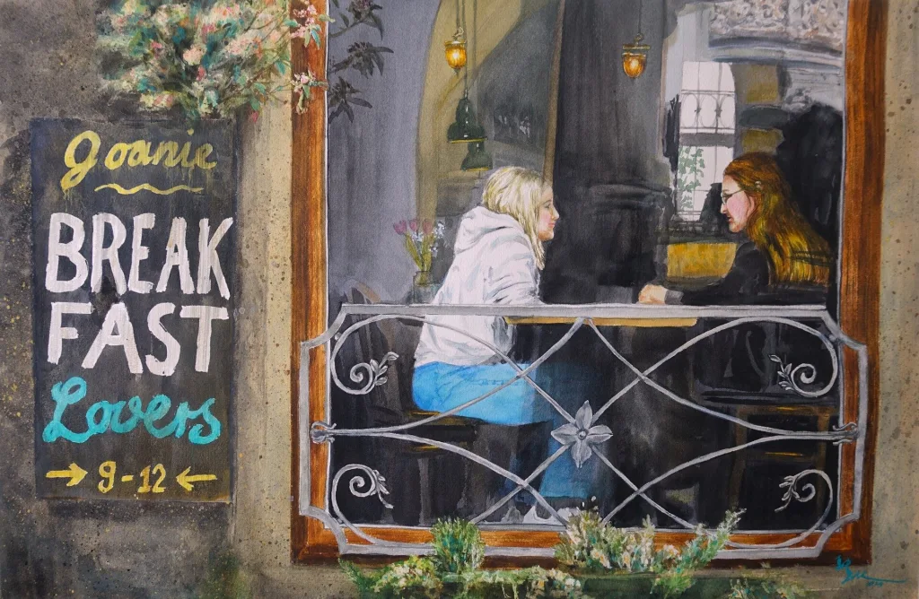 Breakfast Reunion by Joan Lok. Watercolor painting of two women sitting in a cafe