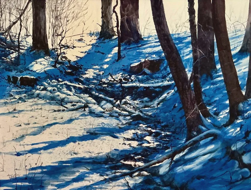 Hint of Spring by William Perry. Watercolor painting of winter forest ground and trees