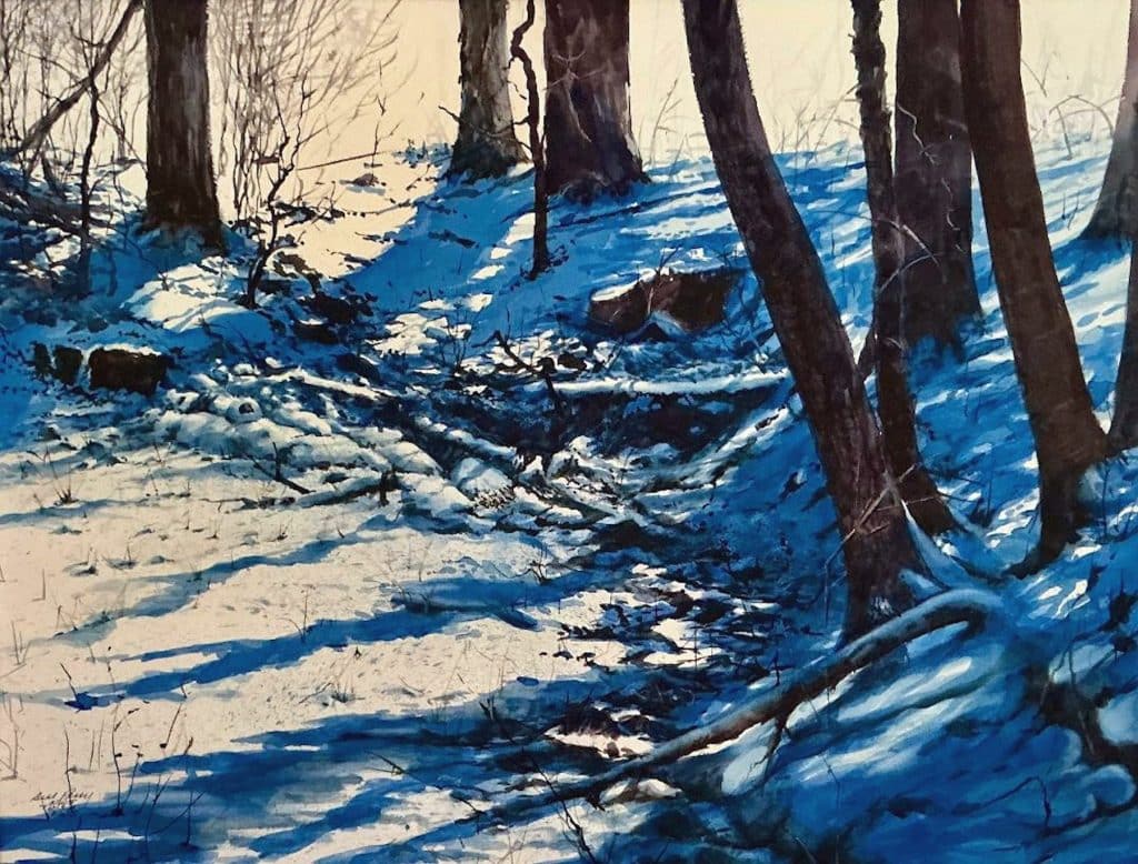 Hint of Spring by William Perry. Watercolor painting of winter forest ground and trees