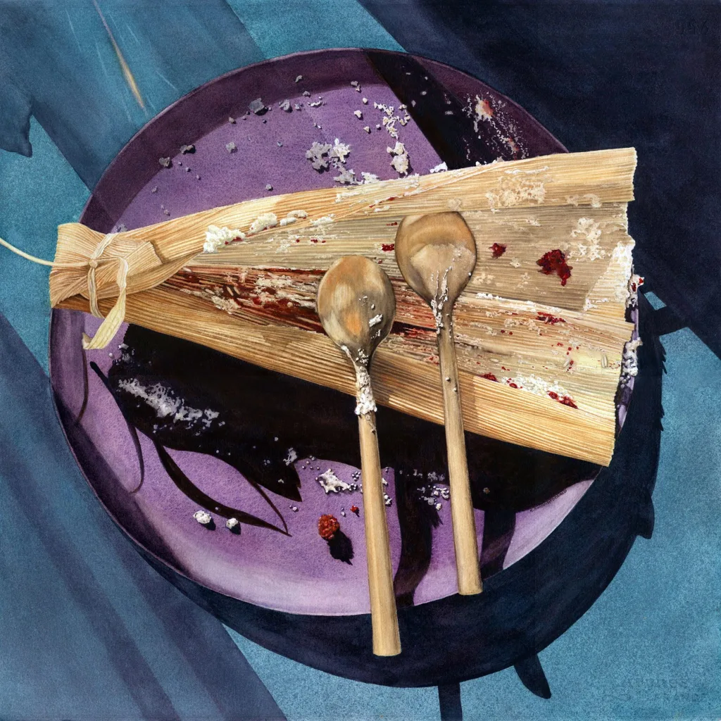 it was so good by Kathy Simon-McDonald. Watercolor painting of empty corn husk with two spoons on purple plate