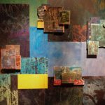 Closeup of colorful paintings and photographs that make up an art installation.