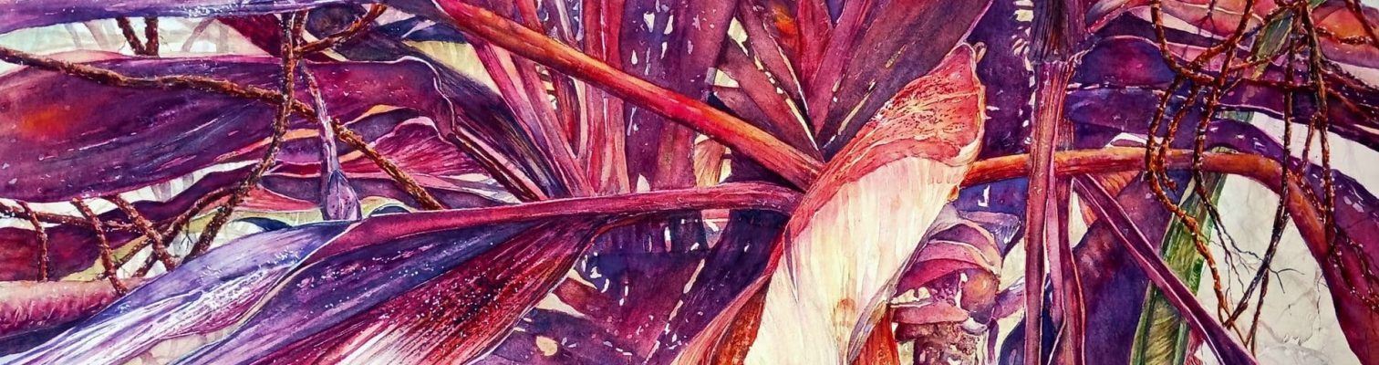 A watercolor painting of purple and red flowers