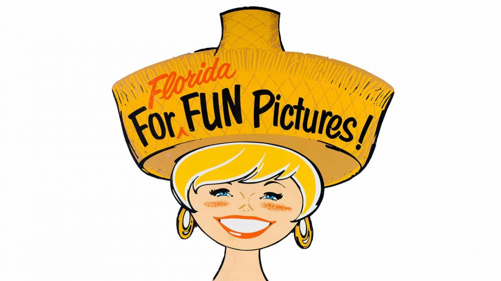 a cartoon of a blonde woman with a hat that says "Florida Fun For Pictures"