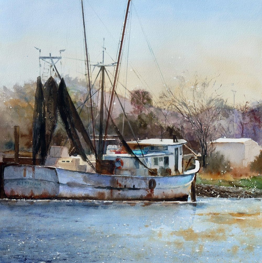Jet Stream by Laura Robinson, a watercolor painting of a boat on water