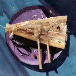it was so good by Kathy Simon-McDonald. Watercolor painting of empty corn husk with two spoons on purple plate