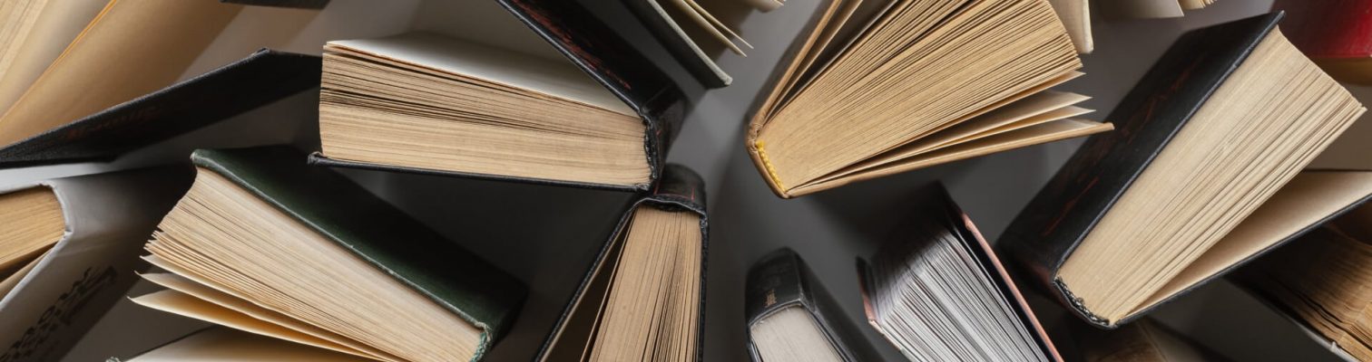 Top view of various books that are slightly open so they can stand on their own.